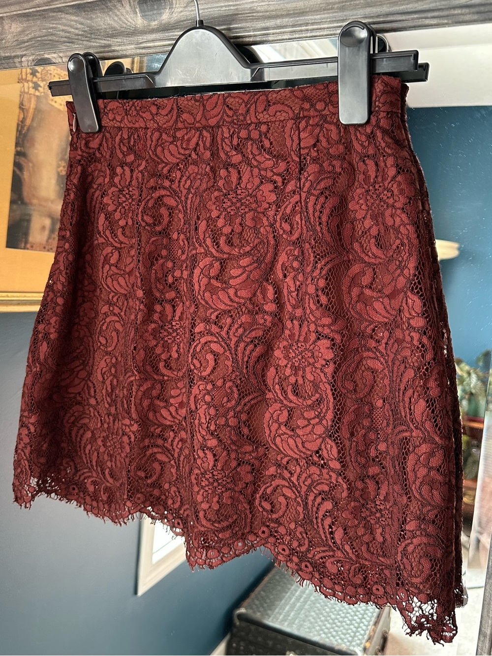 Aritzia Claribel Silk trim Burgundy Lace Mini Skirt